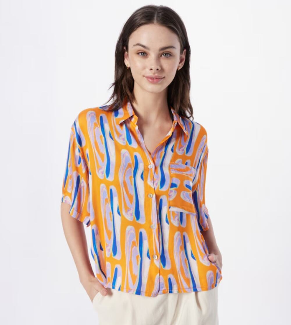 FRNCH Paris Orange Blue Short Sleeve Button Down Shirt Women's size Medium